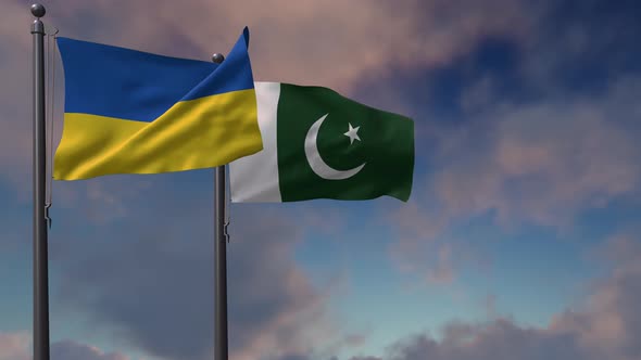 Pakistan Flag Waving Along With The National Flag Of The Ukraine - 4K
