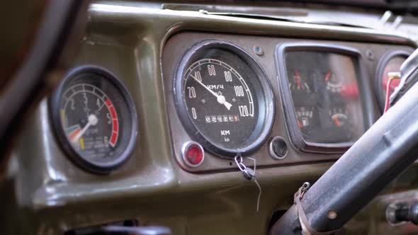 Old Truck Dashboard, Speedometer, and Other Indicators. Vintage Military Vehicle