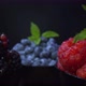 Bowls full of fresh forest fruits and leafs of mint. Probe lens footage. - VideoHive Item for Sale