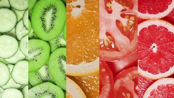 Slow Motion of Rotation Ripe Sliced Vegetables and Fruits