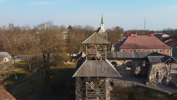 Latvia, Limbazi Medieval Castle Ruins  With New Created High Observation Tower. 4K Dron Video