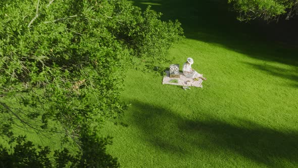 Amazing Aerial View Emerald Green Lawn in Park Boho Style Clothing White Dress