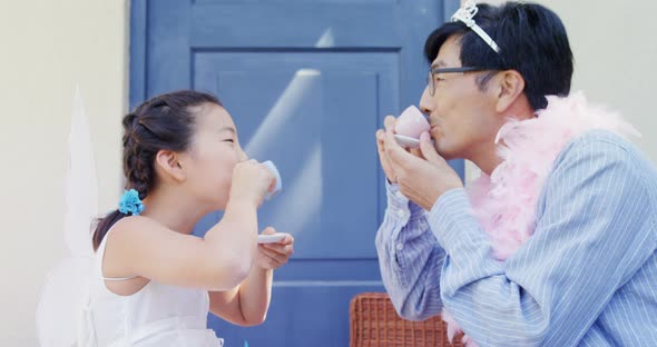 Father and daughter in fairy costume having a tea party 4k