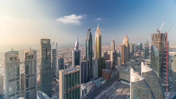 Skyline View of the Buildings of Sheikh Zayed Road and DIFC Aerial Timelapse in Dubai UAE