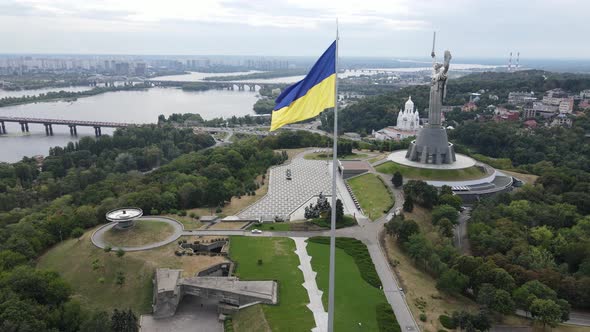 Kyiv - National Flag of Ukraine By Day. Aerial View. Kiev. Slow Motion