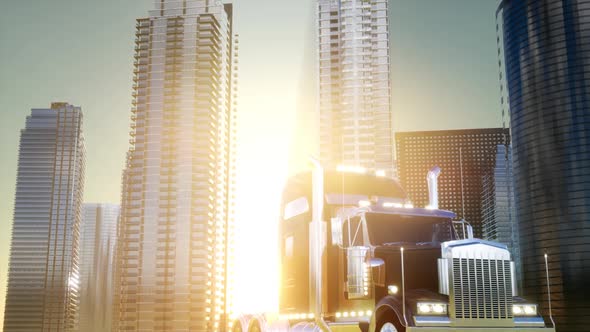 Lorry Truck and Skyscrapers at Sunset