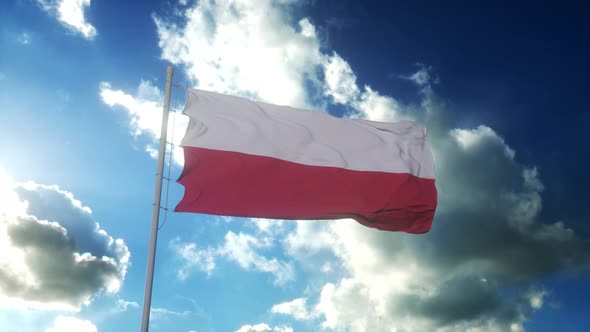 Flag of Poland Waving at Wind Against Beautiful Blue Sky