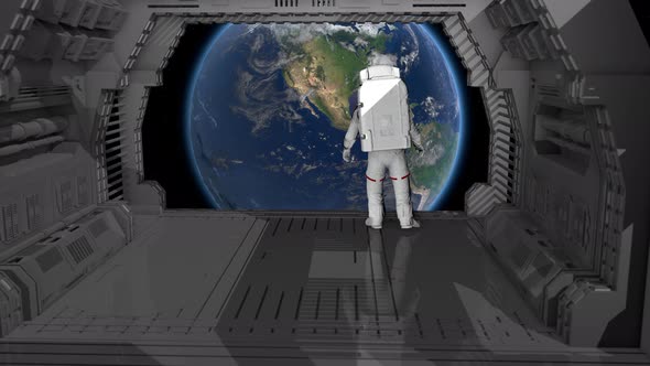 Alone Astronaut Walking In a Futuristic Sci Fi Corridor alt