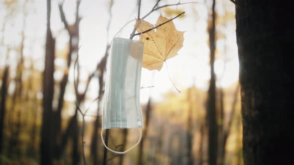 Facial Surgical Mask Used And Thrown Away On The Ground In The Park