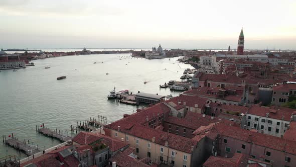 Aerial View of Venice Italy with Grand Canal Rooftops of Buildings and Boats