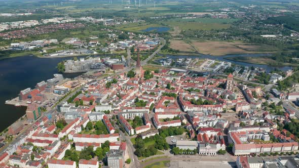 Aerial Panoramic View of Historic Town Centre Surrounded with Warnow River