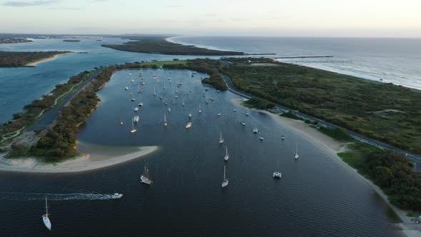 Aerial pan from Gold Coast Broadwater out over the Spit, Suriseand golden Beaches