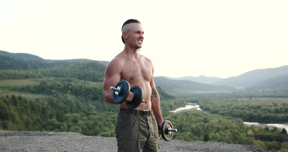 Outdoors Workout Concept Where Attractive Strong Tall Sporty 30-Aged Man Doing Power Exercises with