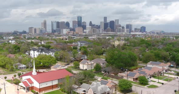 Aerial of Third Ward Houston landscape as downtown Houston sits in background