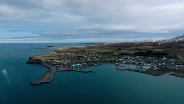 Aerial Scenic View of the Historic Town of Husavik Iceland