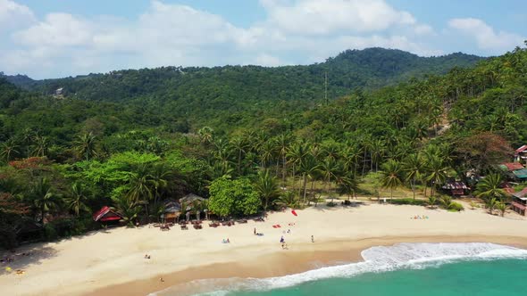 Aerial drone nature of paradise coast beach vacation by clear water and white sand background of a d