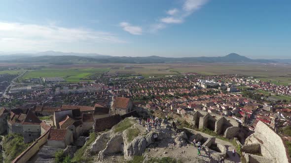 Aerial of Rasnov town behind the fortress