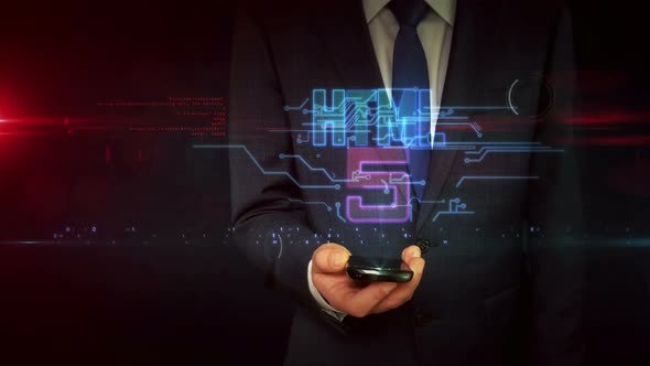HTML5 coding symbol on businessman hand