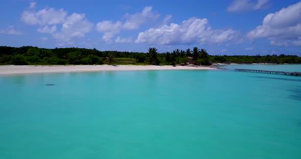 Beautiful above copy space shot of a white sand paradise beach and aqua blue water background in hig