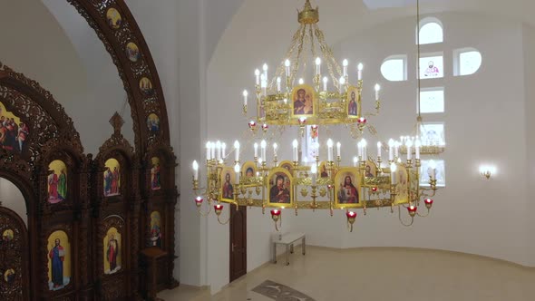 Aerial Drone Flight around Church Lampshade inside Church