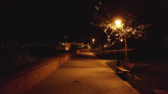 Empty park road on the walls of Vysehrad castle at night,Prague,Czechia,lockdown.