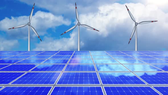 Windmills 3d Models Near Solar Panels and Sky with Clouds