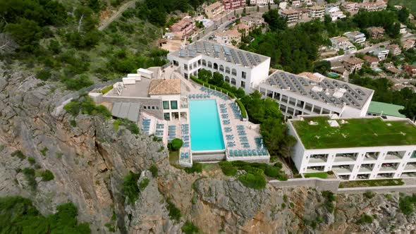 Aerial View of the Luxury Cliff House Hotel on Top of the Cliff on the Island of Mallorca