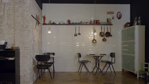 Slow Pushout Shot of Interior of Cozy Restaurant Without People