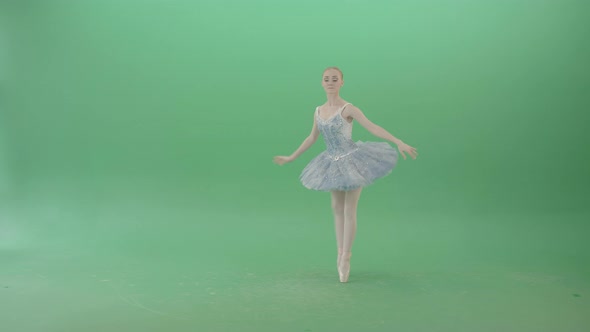 Christmas Story Ballet Dancing Girl In Blue Ballerin Dress Performing Isolated On Green Screen