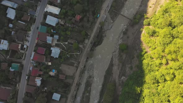 Fly Over The Houses In Pasanauri Village In K Azbegi