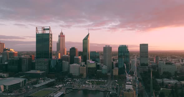 Aerial views in Perth, Western Australia. City views. Morning Sunrise color.