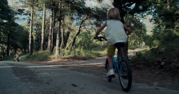 Child Boy Ride on Bicycle Through the Pine Tree Forest on Summer Vacations