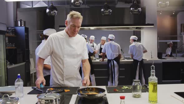 Professional Caucasian male chef in a restaurant kitchen preparing food using a frying pan