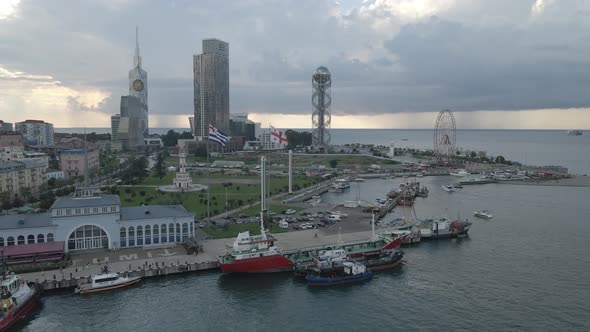 Aerial view of International Marine Station pier in Batumi city. Georgia