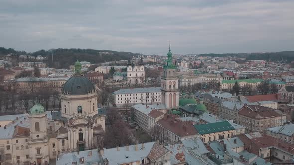 Aerial City Lviv, Ukraine. European City. Popular Areas of the City. Dominican