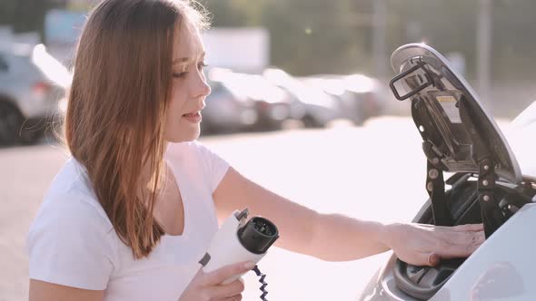 Woman Charging Electro Car at the Electric Gas Station