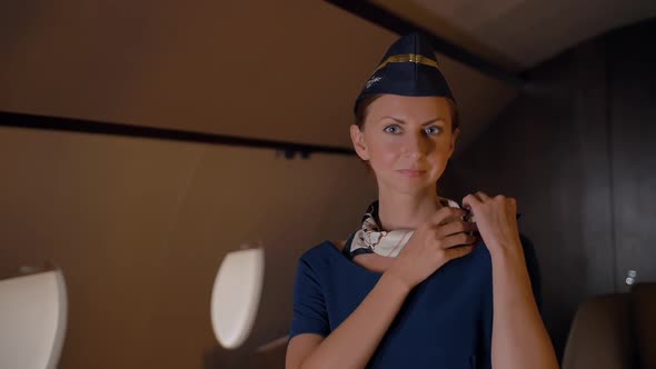 Air Hostess Straighten Scarf Indoor of Luxury Jet Cabin.