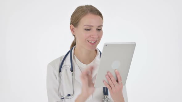 Video Call on Tablet By Female Doctor on White Background