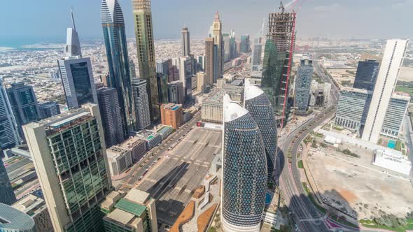 Skyline View of the Buildings of Sheikh Zayed Road and DIFC Aerial Timelapse in Dubai UAE