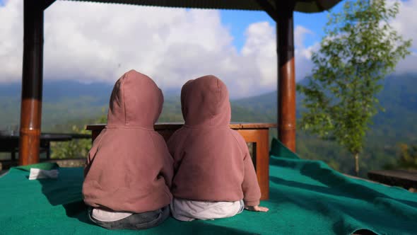 Back View of Twin Babies in Matching Outfits Enjoying the Panoramic Breathtaking View of Mountains