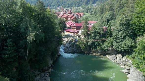 Overhead Top View of Waterfall Landmark in Ukrainian Carpathian Mountains