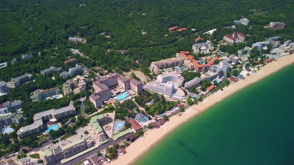 Aerial View of the Beach and Hotels in Golden Sands Zlatni Piasaci
