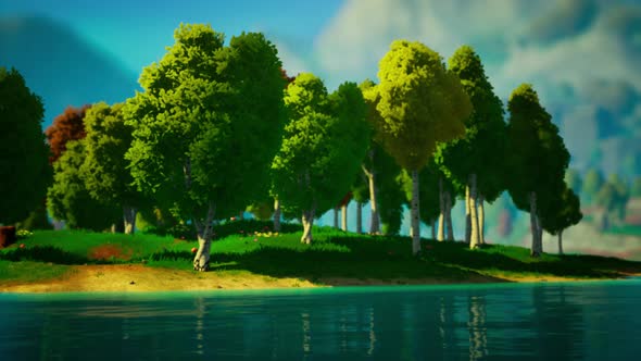 Cartoon Green Forest Landscape with Trees and Lake