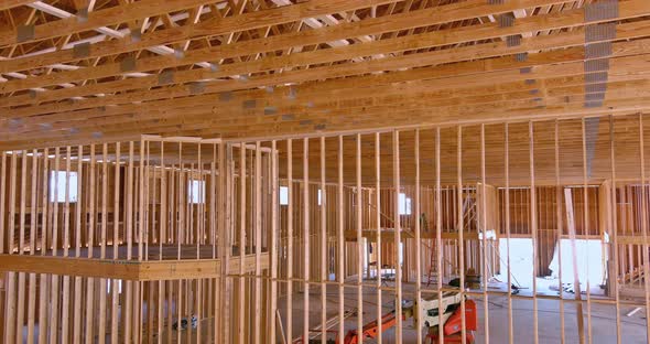 Wooden Framework on Stick Built Home Residential Under Construction of Beam Framing
