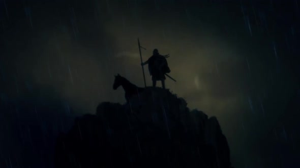 A Warrior And His Horse Standing On A Cliff Under A Lightning Storm