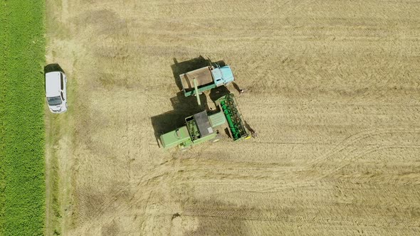 Combine harvester gathers the wheat crop. Farming concept. Top view