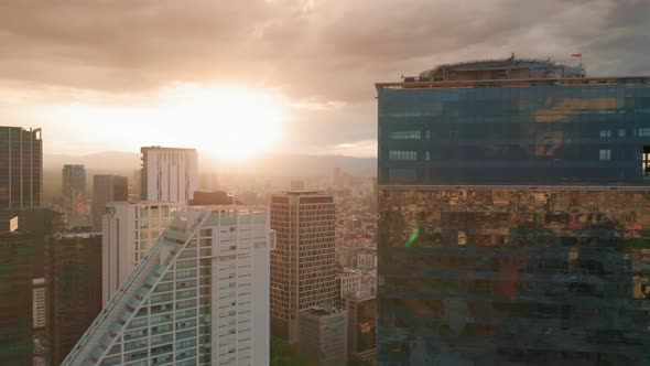 Cinematic Golden Sunset View Over the Modern Business District in Mexico City 