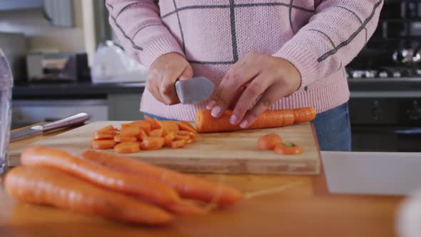 Caucasian vlogger woman cooking at home