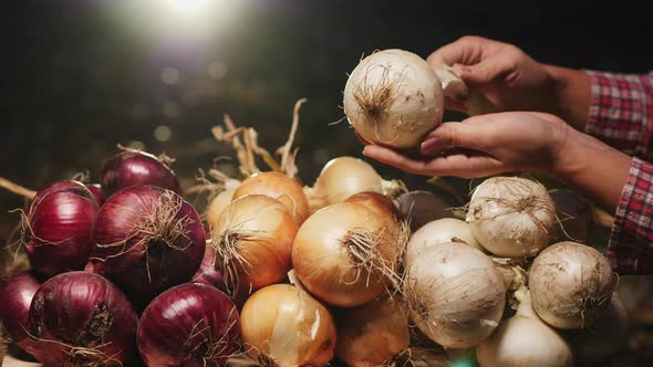 A Woman Holding a White Onion Head in Her Hands Closeup