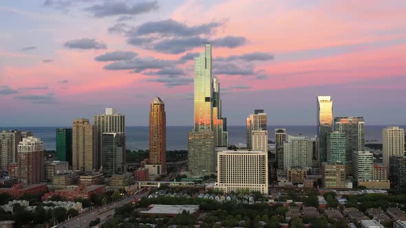 Beautiful Sunset in Chicago South Loop - Aerial